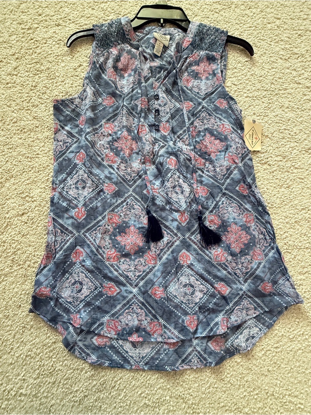 St. John's Bay Blue Sleeveless Tassel Tie-Front Top with Pink Accents